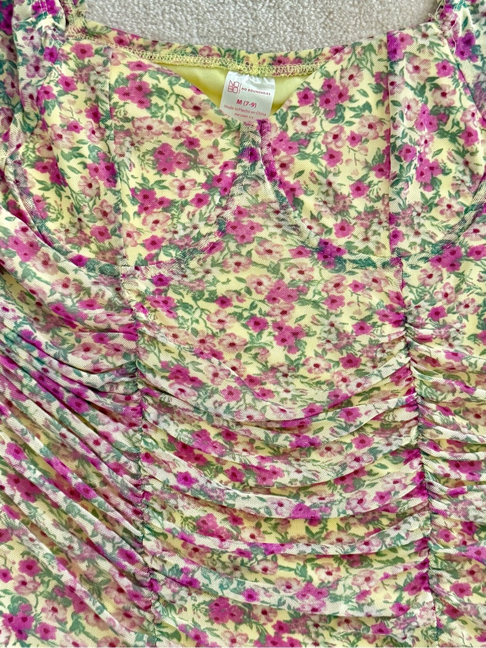 No Boundaries Juniors Ruched Front Sheer Layer Yellow Chamomile Pink Floral Top